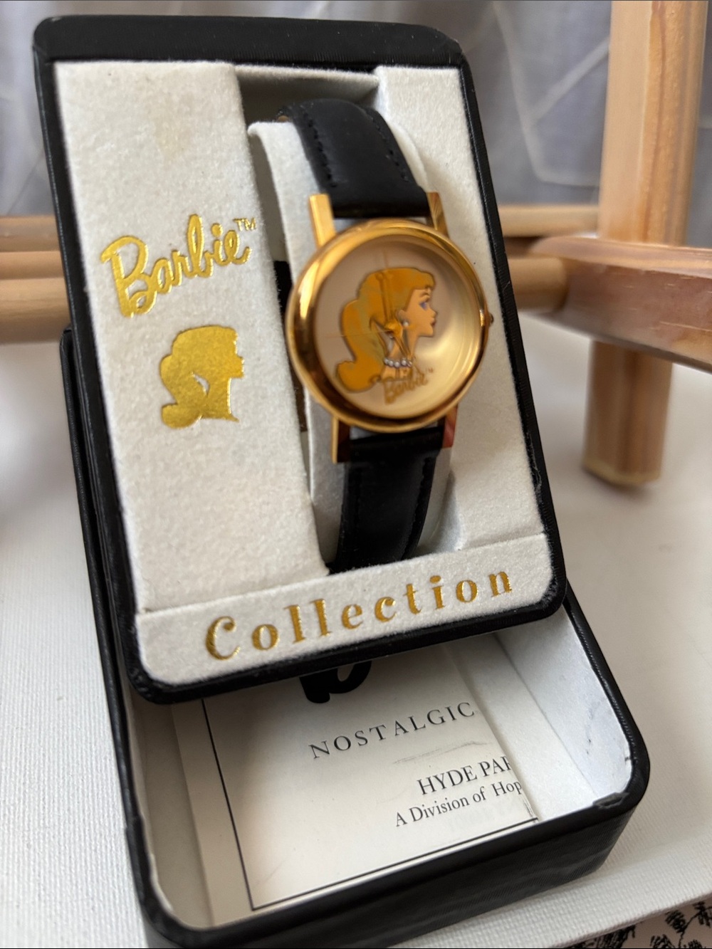 Vintage 1995 Barbie Profile Gold Tone Watch with Black Leather Strap